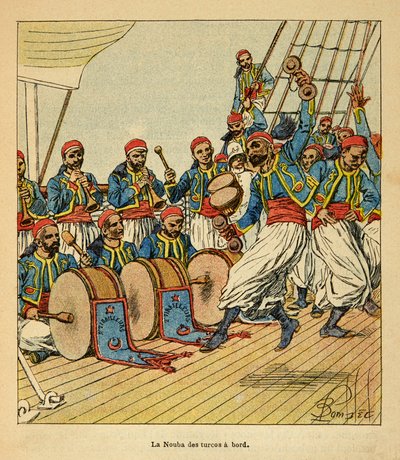 Kriget i Madagaskar-Anekdotisk historia om de franska expeditionerna 1885-1895 av Henri Galli dit Galllichet (1854-1922), illustrerad av Louis Bombled (1862-1927): De nio turkarna ombord på skeppet som seglar till Madagaskar, privat samling av Louis Charles Bombled