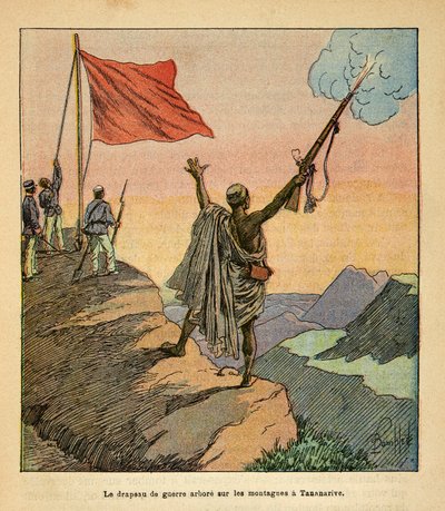 Kriget i Madagaskar-Anekdotisk historia om de franska expeditionerna 1885-1895 av Henri Galli dit Galllichet (1854-1922), illustrerad av Louis Bombled (1862-1927): The Malagasy Red War Flag-anläggningen på Tananarive-bergen, privat samling av Louis Charles Bombled