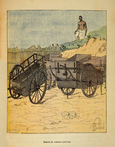 Kriget i Madagaskar-Anekdotisk historia om de franska expeditionerna 1885-1895 av Henri Galli dit Galllichet (1854-1922), illustrerad av Louis Bombled (1862-1927): Konvoj av bilar som Lefebvre använder för att försörja trupper, Privat samling av Louis Charles Bombled