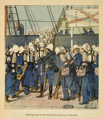 Kriget i Madagaskar-Anekdotisk historia av de franska expeditionerna 1885-1895 av Henri Galli dit Galllichet (1854-1922), illustrerad av Louis Bombled (1862-1927): Embarking of the 40th fighter batalion in Marseille for Madasgascar in 1895, Private colle av Louis Charles Bombled
