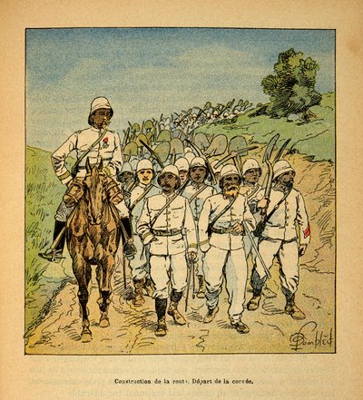 Kriget i Madagaskar-Anekdotisk historia om de franska expeditionerna 1885-1895 av Henri Galli dit Galllichet (1854-1922), illustrerad av Louis Bombled (1862-1927): Anläggning av en väg i Madagaskar, början av korveen, Privat samling av Louis Charles Bombled