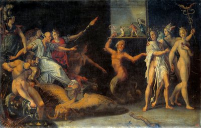 Allegori till återkallelsen av Edit de Nantes i oktober 1685. Den centrala karaktären representerar Basville (drakman), intendant i Languedoc, som tar bort deras sista kläder från hugenotterna. Han underlättade etableringen av dragonnader riktade mot co av Louis Cheron