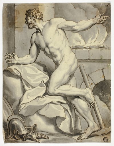 Knäböjande manlig nakenbild bredvid en ugn (Vulcan), med hjälm och metallhandskar på golvet av Louis Cheron