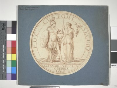Medaljdesign, krig och fred: HOC CUSTODE SECURA av Louis Claude (attr. to) Vassé