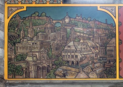 Järnvägsstationsbyggnad (Sint-Pietersstation). Interiör. 1912. Entréhallen. av Louis Cloquet