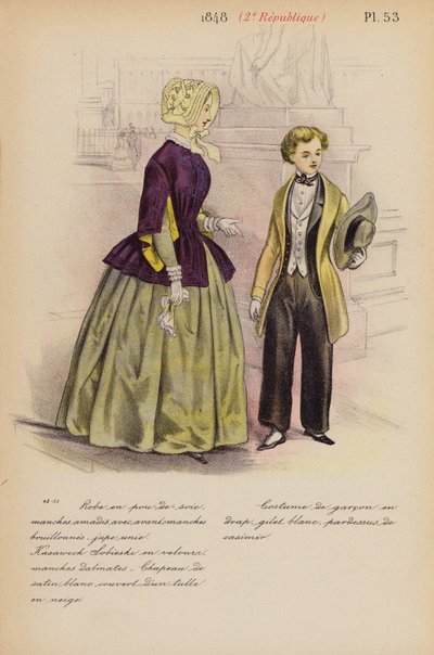 Franskt mode: 1848, 2e Republique (färglitografi) av Louis Colas