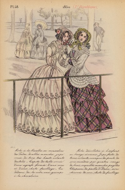Franskt mode: 1850, 2e Republique (färglitografi) av Louis Colas
