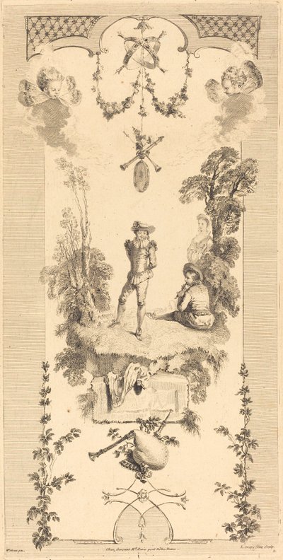 Herde som dansar till ljudet av en flöjt av Louis Crépy after Antoine Watteau