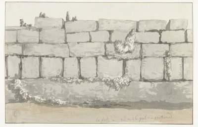 Exteriör av den yttre väggen av det antika templet i den antika staden Manduria Structure extérieure du mur extérieur de láncienne Mandurie Voyage en Italy, en Sicile et à Malte - 1778 (serietitel) av Louis Ducros