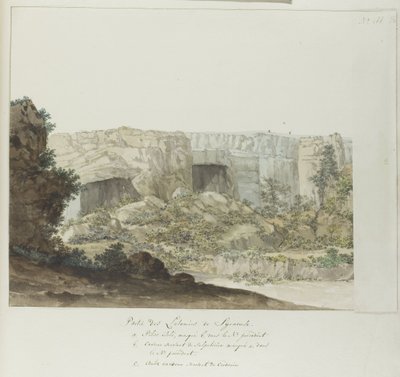 Gedeelte van Latomies grotta vid Syracuse Del av Latomies of Syracuse (titel på objekt) Resor i Italien, Sicilien och Malta - 1778 (serietitel) av Louis Ducros