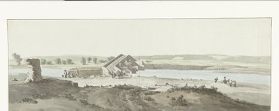 Gezicht på Canosa-bron över Ofanto-floden i Puglia Utsikt över Pont de Canosa över Ofanto (Aufidus) (titel på objekt) Resa till Italien, Sicilien och Malta - 1778 (serietitel) av Louis Ducros