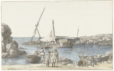 Utsikt över Taranto och tillflyktsort från Luogo Vivo Utsikt över vår Tarentin-byggnad och hamnen i den tidigare nr. jordning (titel på objekt) Resor i Italien, Sicilien och Malta- 1778 (serietitel) av Louis Ducros