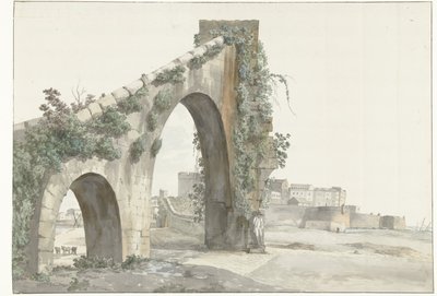 Gezicht på akvadukten en de stad Taranto Utsikt över akvadukten och staden Taranto (titel på objektet) Resor i Italien, Sicilien och Malta - 1778 (serietitel) av Louis Ducros