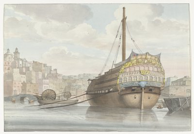 Utsikt över tillflyktsort med gale schip vlakbij de werf Vy underifrån av Port des Galères i Malthe, tagen från varvet (titel på objektet) Resor i Italien, Sicilien och Malta - 1778 (serietitel) av Louis Ducros