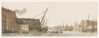 Utsikt på werf i tillflyktsort från galeis schepen på Malta Utsikt över varvet i hamnen i Galleys på Malta (titel på objekt) Resor i Italien, Sicilien och Malta - 1778 (serietitel) av Louis Ducros