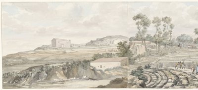 Interiör träffade trapn van teater i Syracuse Utsikt över interiören och läktaren i Syracuse Theatre (titel på objektet) Resor i Italien, Sicilien och Malta - 1778 (serietitel) av Louis Ducros