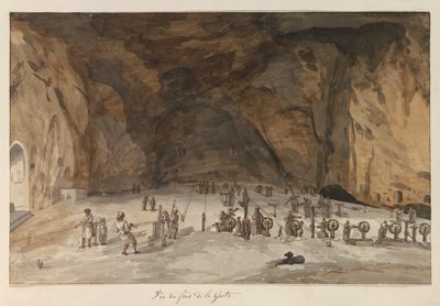 Interiör skåpbil grot Santa Maria Capella Utsikt från botten av grottan (titel på objekt) Resor i Italien, Sicilien och Malta - 1778 (serietitel) av Louis Ducros