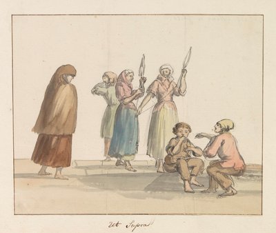 Traditionella dräkter på ön Gozo Costume de Ghozo (titel på objekt) Voyage en Italy, och Sicile et à Malte - 1778 (serietitel) av Louis Ducros