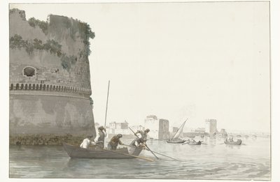 Mosselvissers op Mare Piccolo bij de vestingwerken van Taranto Fiske efter musslor i Mare piccolo i Taranto sett från hörnet av Citadellet (titel på objektet) Resor i Italien, Sicilien och Malta - 1778 (serietitel) av Louis Ducros