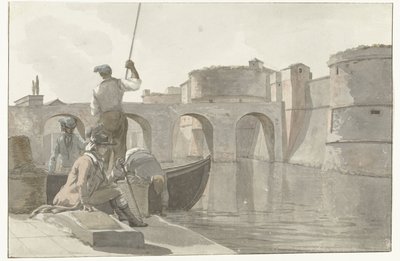 Ny vestingsgracht van de vestingwerken i Taranto Utsikt över den nya vallgraven i Citadellet i Taranto (titel på objektet) Resor i Italien, Sicilien och Malta - 1778 (serietitel) av Louis Ducros