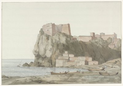 Rapar i stad Scilla in de regio Calabria aan de westkust Rock & Town of Scilla i Kalabrien; vy tagen från solnedgångssidan (titel på objekt) Resor i Italien, Sicilien och Malta - 1778 (serietitel) av Louis Ducros