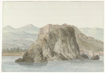 Sten och stad Scilla i regionen Kalabrien sett från havet på norra sidan Rocher & Ville de Scilla och Calabre; vue prize en mer, du côté du Nord (titel på objekt) Voyage en Italy, och Sicile et à Malte - 1778 (serietitel) av Louis Ducros