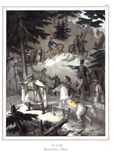 Le Pinde, traversee de Janina a Tricala. i "" Resan till Aten och Konstantinopel, eller samling av grekiska och osmanska porträtt, vyer och kostymer, målade på platser efter naturen, litografier och färger av Louis Dupre (1789-1837), Davids elev.1825 av Louis Dupré