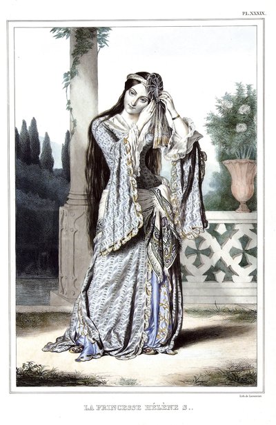 Prinsessan Helene Soutzo. i "" Resan till Aten och Konstantinopel, eller samling av grekiska och osmanska porträtt, vyer och kostymer, målade på platser av efter naturen, litografier och färger av Louis Dupre (1789-1837), Davids elev.1825. av Louis Dupré