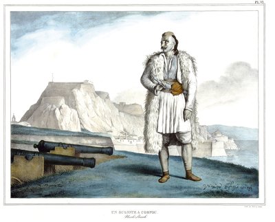 En Suliote på Korfu, Nicolo Pervoli, i "" Resan till Aten och Konstantinopel, eller samling av grekiska och osmanska porträtt, vyer och kostymer, målade på platser efter naturen, litografier och färger av Louis Dupre (1789-1837), Davids elev .1825. av Louis Dupré
