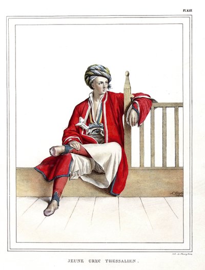 Ung grekisk thessalier. i "" Resan till Aten och Konstantinopel, eller samling av grekiska och osmanska porträtt, vyer och kostymer, målade på platser efter naturen, litografier och färger av Louis Dupre (1789-1837), Davids elev.1825. av Louis Dupré