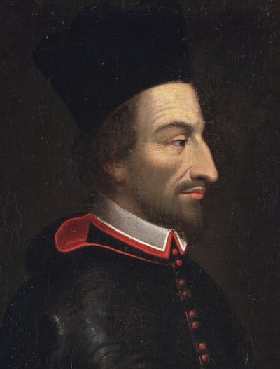 Porträtt av Cornelius Jansen, kallad Jansenius, biskop av Ypres, detalj (olja på duk av Louis Dutielt