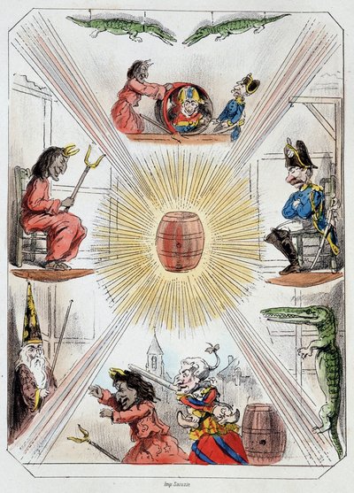 Le tonneau - Litografi, från Theatre des marionnettes du jardin des Tuileries, text och teckning av Louis Edmond Duranty (1833-1880), Paris av Louis Edmond Duranty