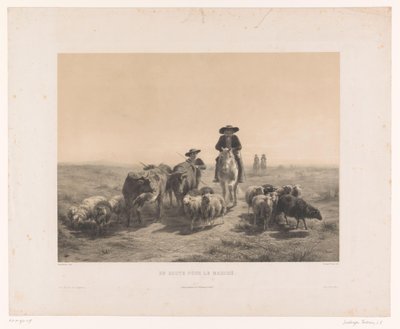 Bonde och herde med kor och får på väg till marknaden En route pour le marché (titel på objekt) av Louis Emmanuel Soulange Teissier