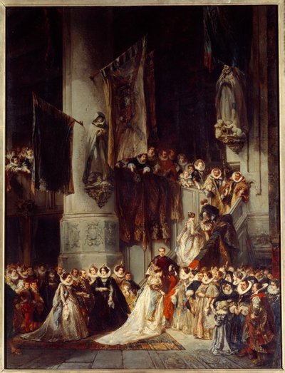 En ceremoni i Delfts kyrka. Målning föreställande ett bröllop i Holland på 1500-talet. Målning av Louis Gabriel Eugene Isabey (1803-1886) av Louis Eugene Gabriel Isabey