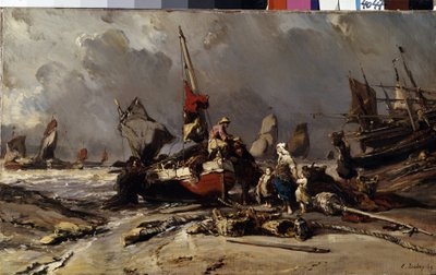 ""Efter stormen"" (Efter stormen) En fiskare hittar sin familj efter stormen. Målning av Louis Gabriel Eugene Isabey (1803-1886) 1869 Mått 36,5x60 cm Eremitagemuseet, Sankt Petersburg av Louis Eugene Gabriel Isabey