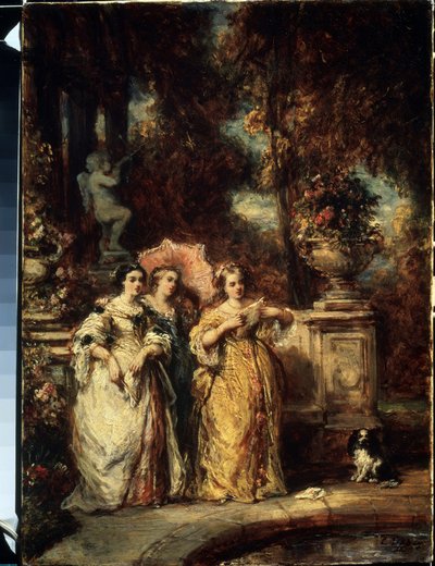 ""La promenade"" (Promenaden) Tre unga flickor från en bra familj i en park. Målning av Louis Gabriel Eugene Isabey (1803-1886) 1852 Pushkin Museum, Moskva av Louis Eugene Gabriel Isabey
