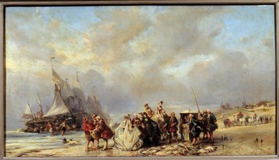 Lords på stranden i scheveningue köper fisk (1700-talet). Målning av Louis Gabriel Eugene Isabey (1803-1886) av Louis Eugene Gabriel Isabey
