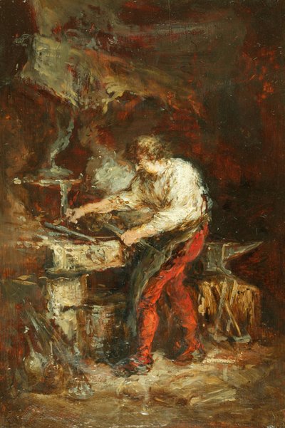 The Smithy (olja på panel) av Louis Eugene Gabriel Isabey