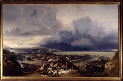 Utsikt över hamnen i Dieppe i Normandie Lavandieres som tvättar tvätten på hamnen. Målning av Louis Gabriel Eugene Isabey (1803-1886) 1842 Sön. 1,64x2,51 m Nancy, musee des Beaux Arts av Louis Eugene Gabriel Isabey