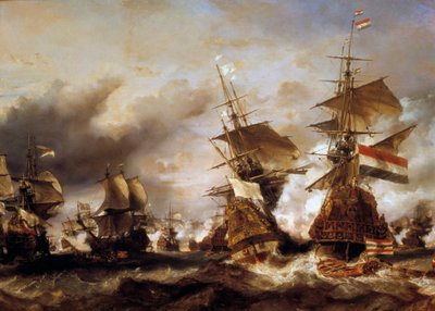 Krig mot Augsburgs förbund: "" Slaget vid Texel den 29/06/1694, seger för Jean Bart (1650-1702) över den holländska skvadronen av amiralen av Friesland"" Fransmännen beslagtar holländska skepp massor av vete. Målning av Louis Gabriel Eugene Isabey (1803-18 av Louis Eugene Gabriel Isabey
