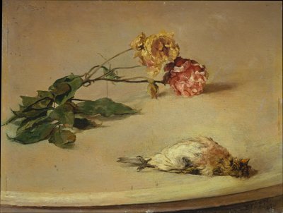 Död fågel och två rosor på en bordsskiva av Louis Eysen