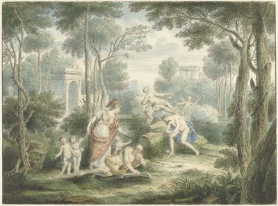 Arkadiskt landskap med Athena som kröner en gammal man och Venus och Adonis av Louis Fabritius Dubourg