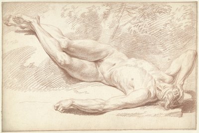 Naken man, liggande på rygg, vänd åt höger av Louis Fabritius Dubourg