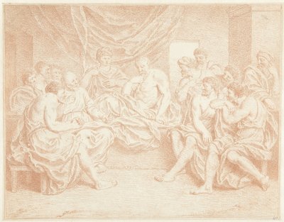 Gammal man på sängen omgiven av människor av Louis Fabritius Dubourg