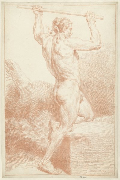 Studie av en manlig naken, på ett knä, med en pinne ovanför huvudet av Louis Fabritius Dubourg