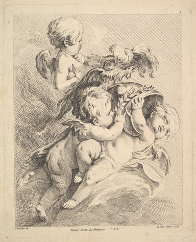 Tre amoriner som håller en hjälm. av Louis Felix de la Rue