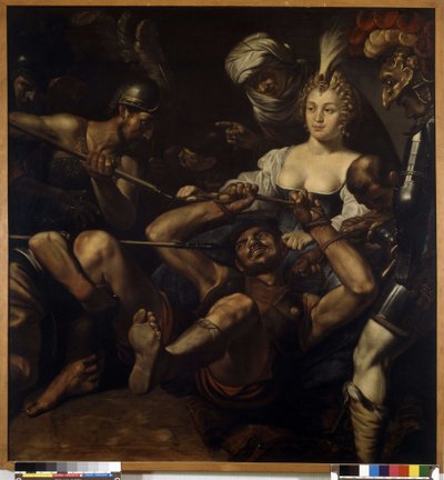 Samson och Dalila: Samson tappar styrka när Dalila klipper håret (olja på duk) av Louis Finsonius or Finson