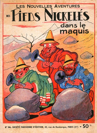 omslag till ett seriealbum av Louis Forton (1879-1934): Les Pieds Nickeles dans le maquis (1949 års upplaga av volym 14 av trions äventyr). Croquignol, Ribouldingue och Filochard på Korsika. ©Gusman/Leemage av Louis Forton