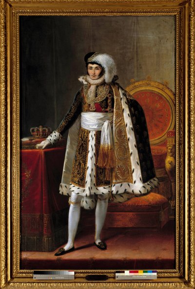 Porträtt till fots av Jerome Bonaparte (1784-1860) kung av Westfalen. I kostym som befälhavare av Orden av kungliga kronan av Wesphalia, cirka 1810. Målning tillskriven Louis Francois Aubry (1767-1851) eller Francois Joseph Kinson (Kinsoen) (1770-1839). av Louis Francois (attr. to) Aubry