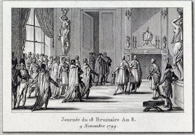 Konsulat: "" Napoleon Bonaparte (1769-1821) vid Saint Clouds möte den 18 brumaire (9/11/1799)" Statskuppen för de 18 brumaire av Napoleon Bonaparte vid femcents konciliet (fem cents) ) (rum på 500), skyddad av grenadjärer, avslutar D av Louis Francois Couche